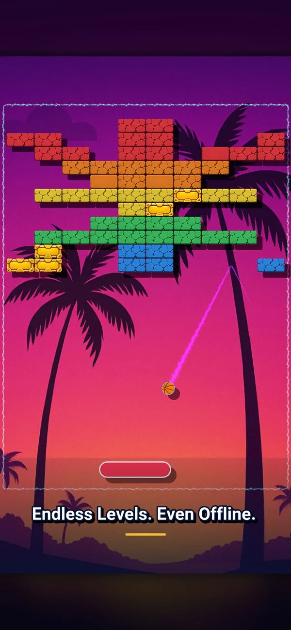 Infinity Brick Breaker on a tropical sunset board with palm trees and colorful brick rows.