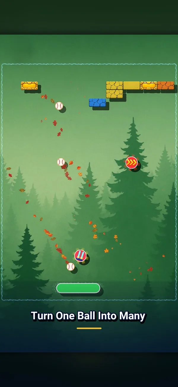 Multiple balls clear bricks in a forest-themed Infinity Brick Breaker arena.