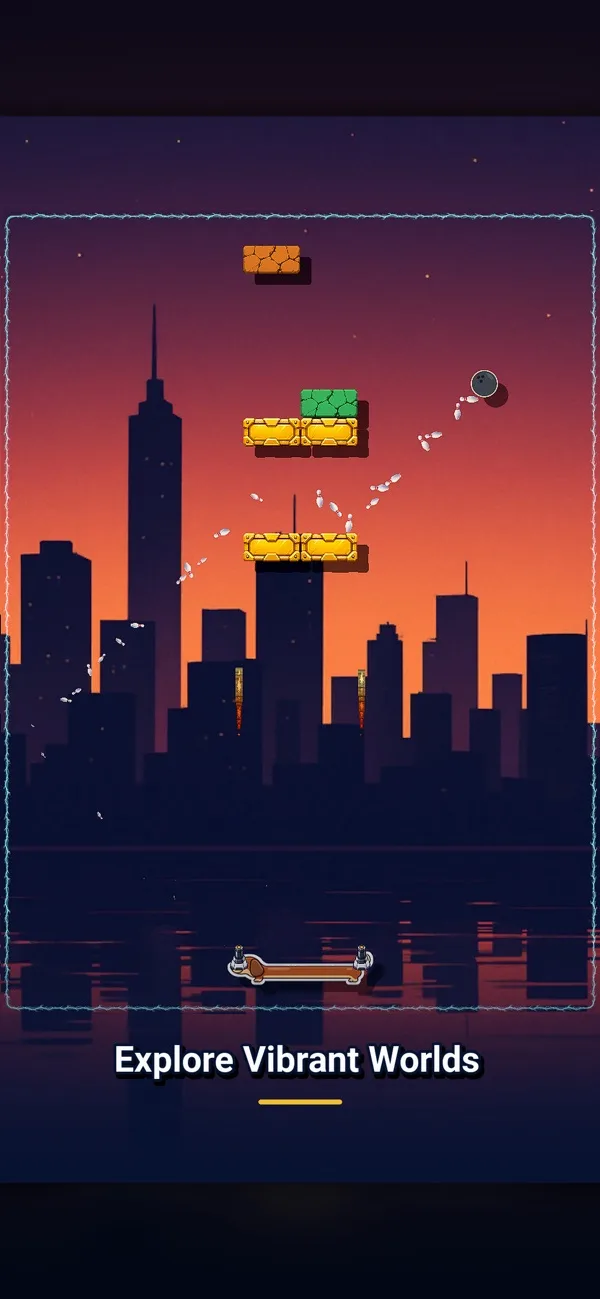 Infinity Brick Breaker gameplay against a city skyline at sunset.