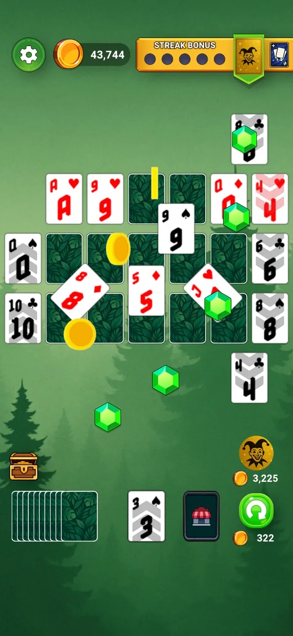 A green-themed Infinity Solitaire board with power-card and booster effects.