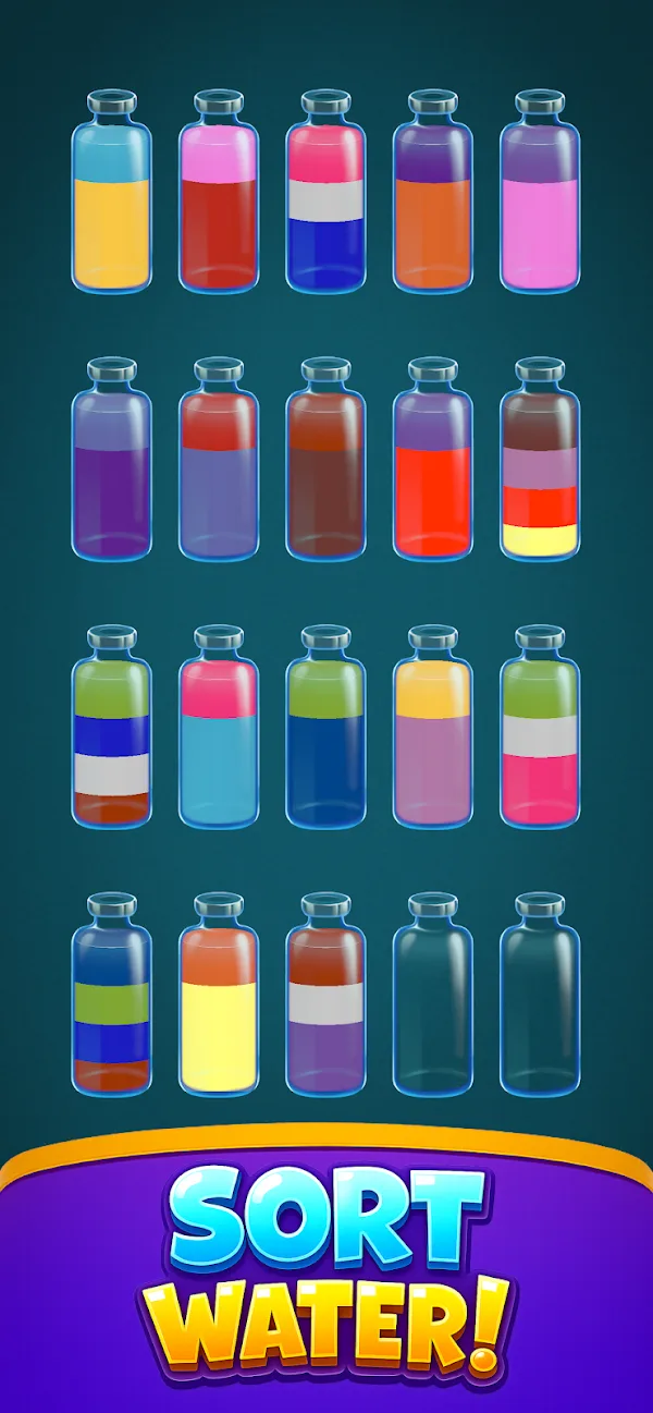 Rows of bottles filled with colored liquid above the Sort Water caption in Infinity Sort.