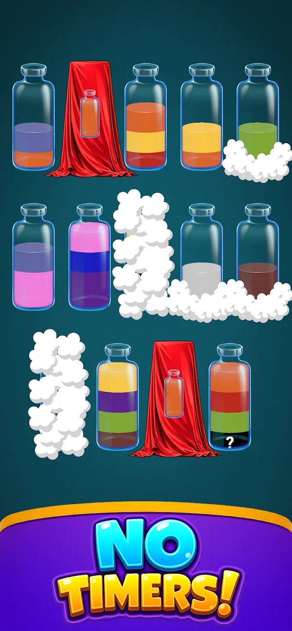 Clouded and covered bottles above the No Timers caption in Infinity Sort.