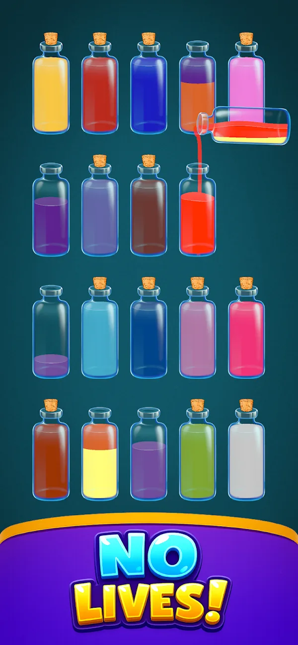 A bottle pours red liquid into another bottle above the No Lives caption in Infinity Sort.