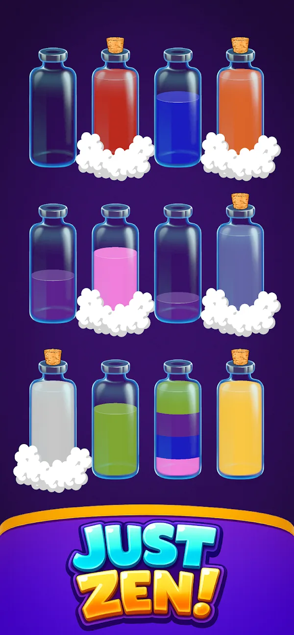 Clouded bottles of colored liquid above the Just Zen caption in Infinity Sort.