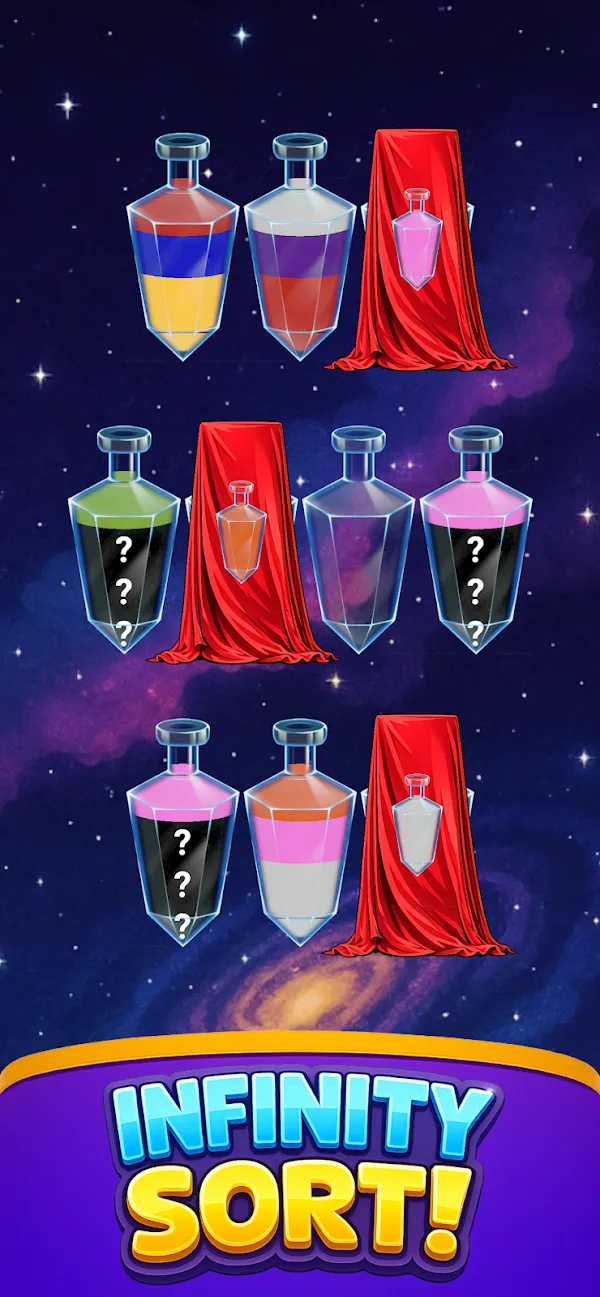 Hidden and covered bottles against a starry background in Infinity Sort.