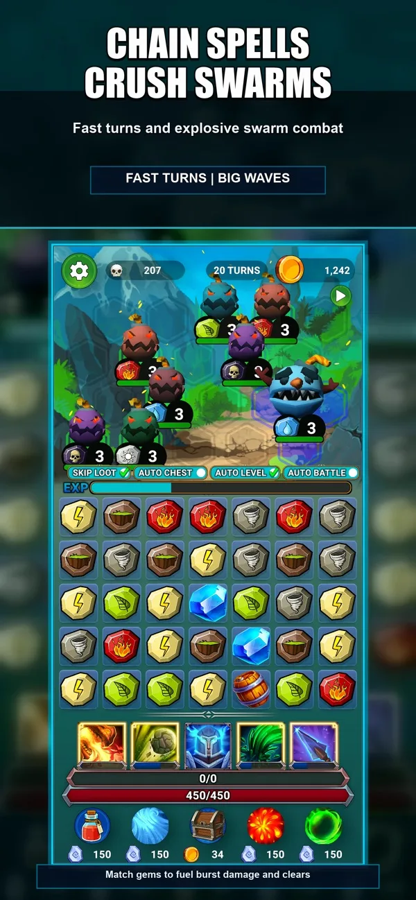 A swarm of enemies above the match-3 board in Match Magic RPG.