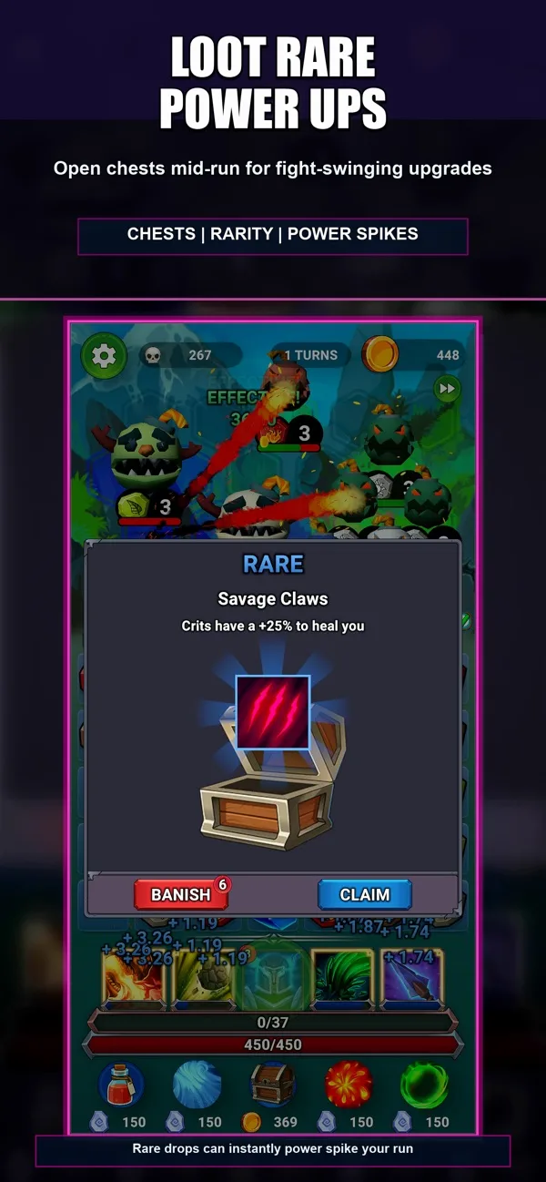 A rare equipment reward displayed over the Match Magic RPG battle board.