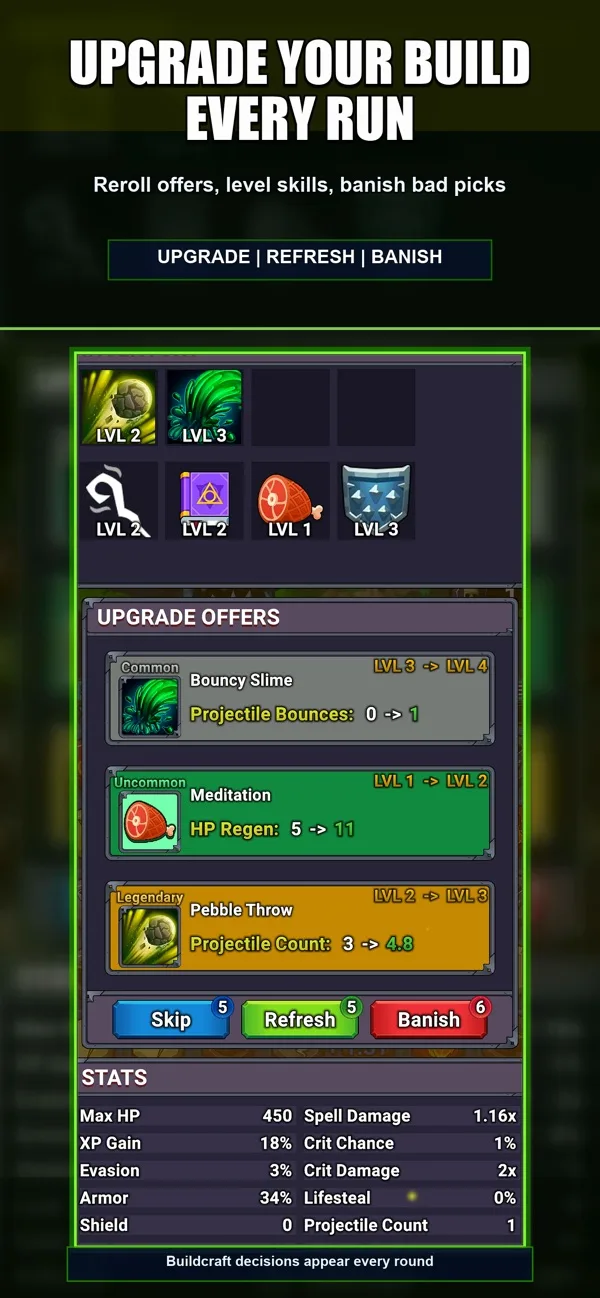 Match Magic RPG upgrade choices for skills and combat stats.
