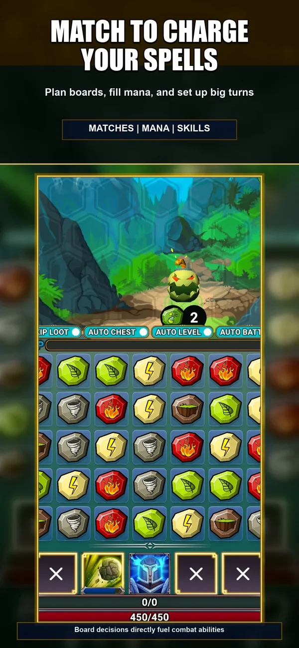 A battle board with matched symbols that charge spells in Match Magic RPG.