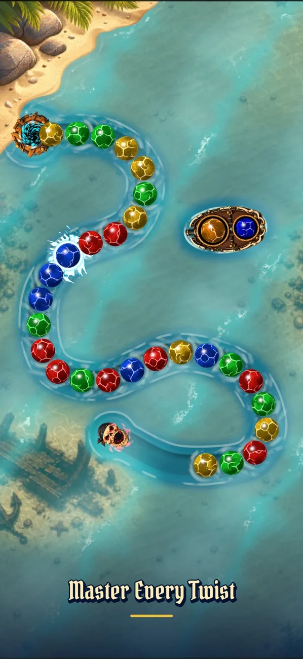 Sea of Marbles gameplay with a twisting marble chain and a ship carrying two colors.
