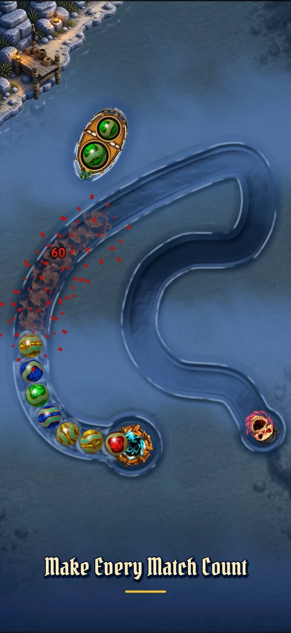 A ship aims along a winding route with scattered marble matches in Sea of Marbles.
